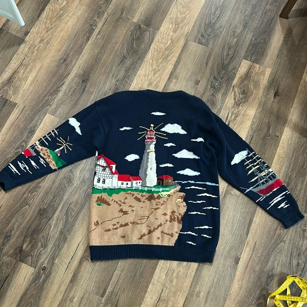 Vintage PBJ Sport Navy Blue Lighthouse Nautical Novelty Cardigan Size Large - Picture 12 of 16